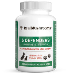 Real Mushrooms 5 Defenders bottle for easy daily pet wellness.