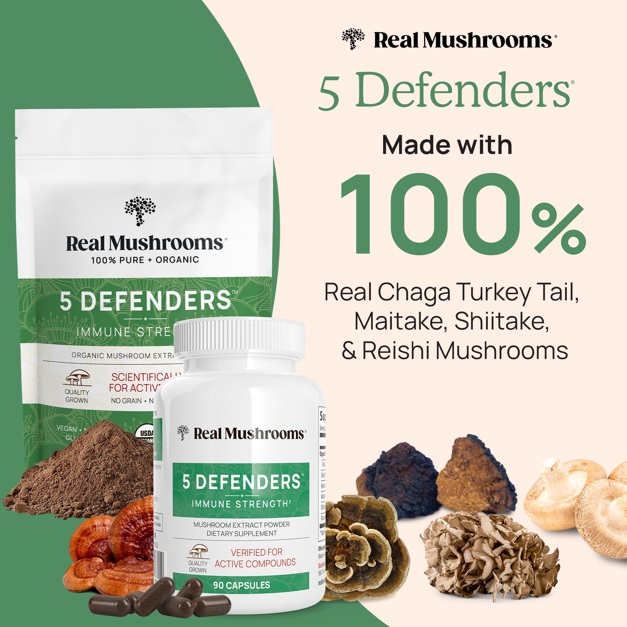 Real Mushrooms 5 Defenders powder jar highlighting fruiting-body extract