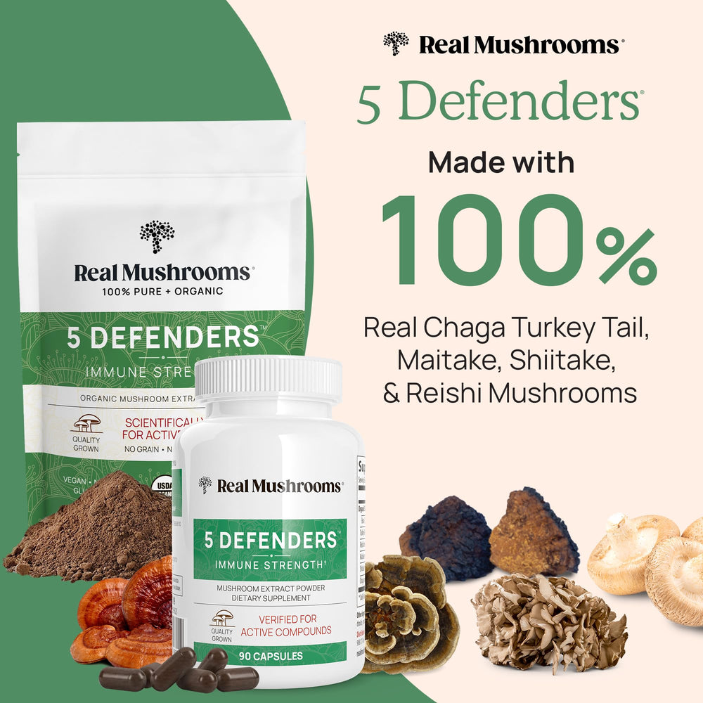 Real Mushrooms 5 Defenders powder jar highlighting fruiting-body extract