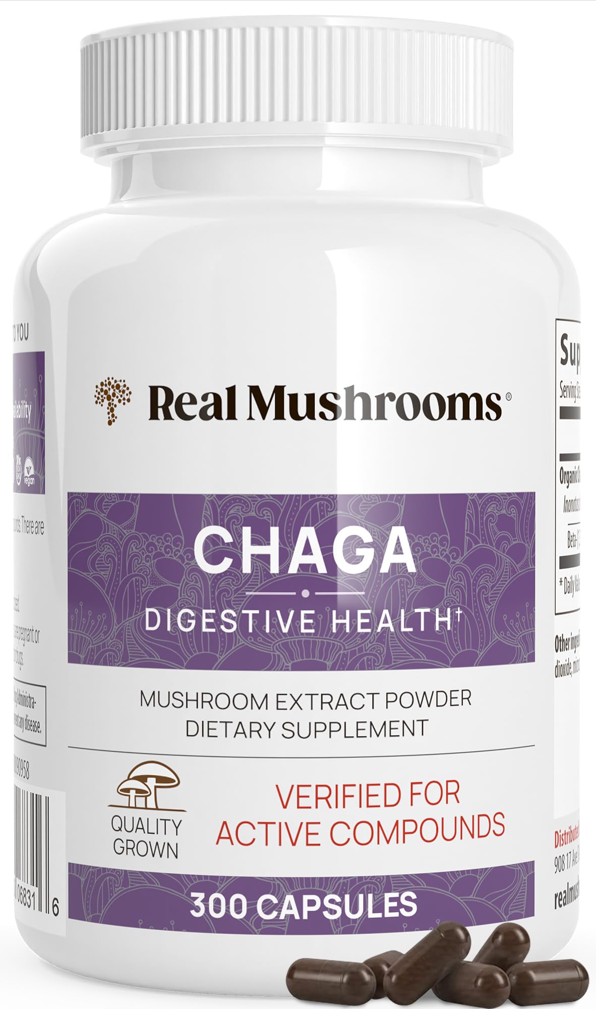 Real Mushrooms Chaga capsules bottle for easy daily wellness.
