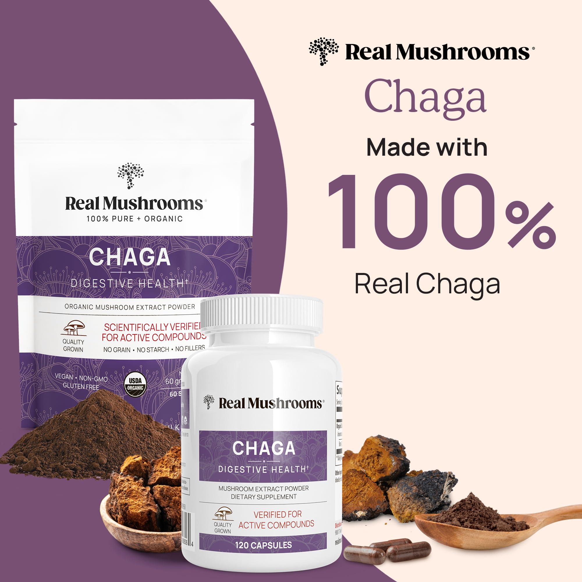 Real Mushrooms Chaga capsules poured into a coffee cup for easy daily ritual.
