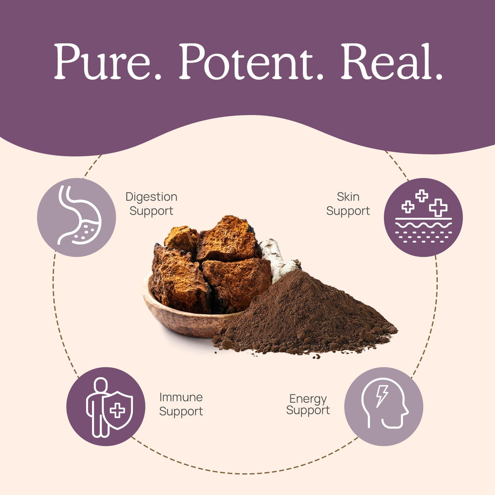 Real Mushrooms Chaga used in coffee or smoothie for daily ritual.
