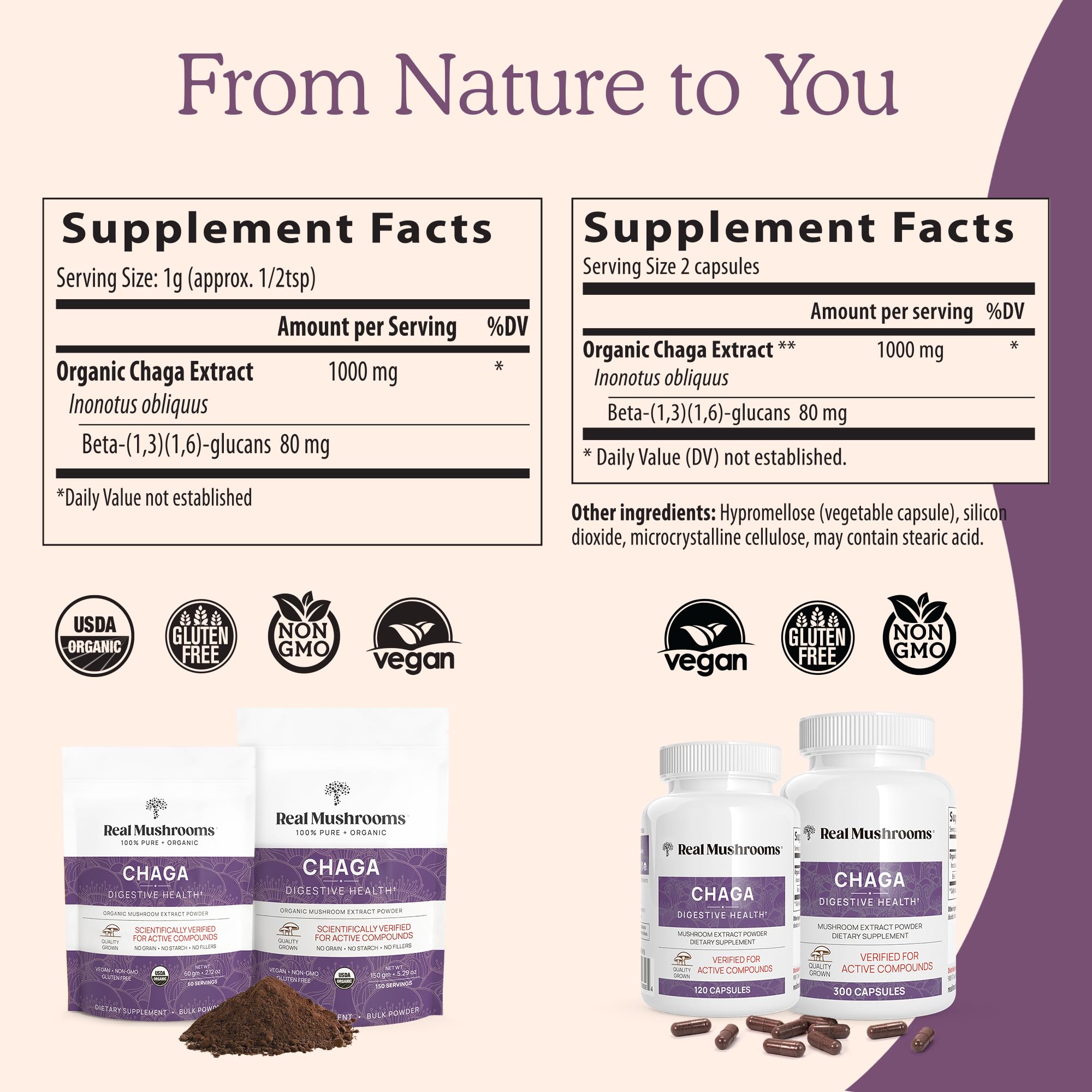 Real Mushrooms Chaga package label displaying organic vegan non-GMO credentials.