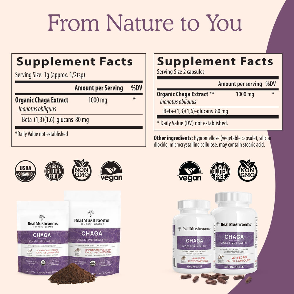 Real Mushrooms Chaga package label displaying organic vegan non-GMO credentials.