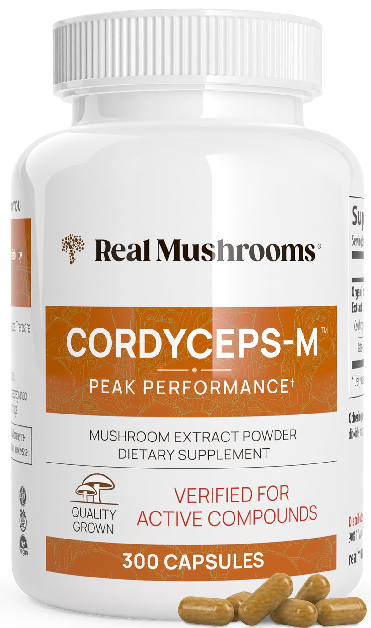 Real Mushrooms Cordyceps capsules bottle shows pure extract for energy support
