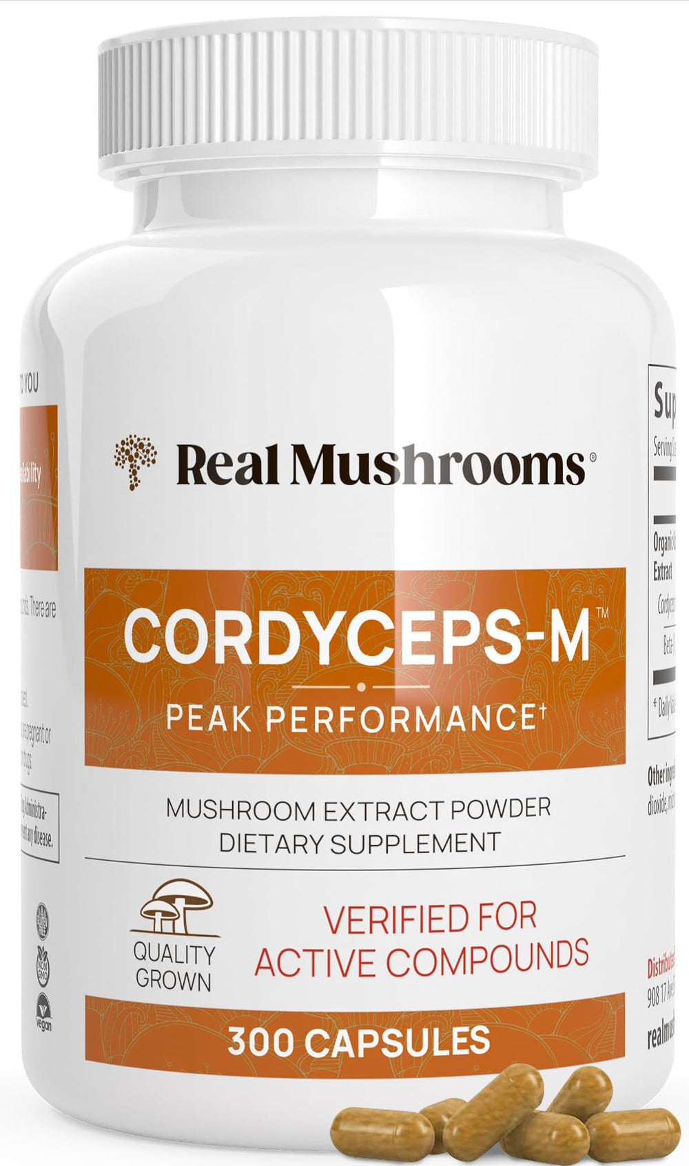 Real Mushrooms Cordyceps capsules bottle shows pure extract for energy support