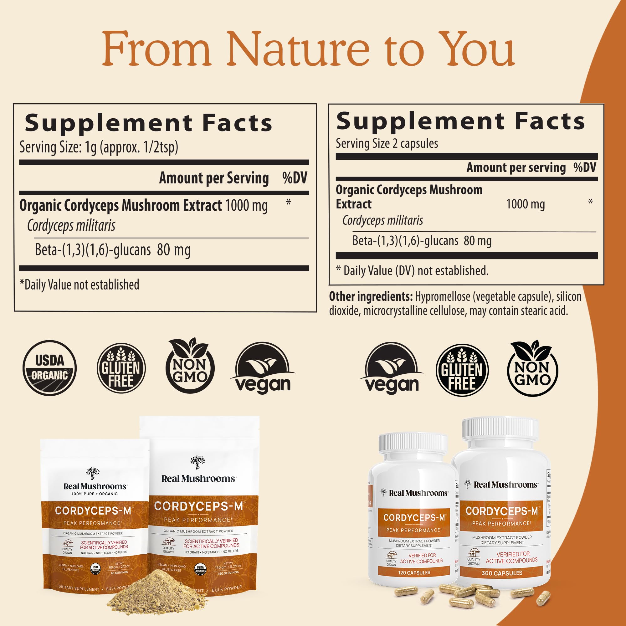 Real Mushrooms cordyceps militaris extract lab-verified beta-glucans vial.