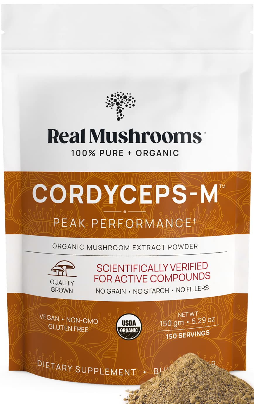 Real Mushrooms Cordyceps powder front label shows pure mushroom extract for everyday wellness