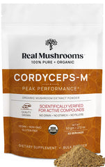 Real Mushrooms Cordyceps powder jar label highlighting organic, versatile wellness support.