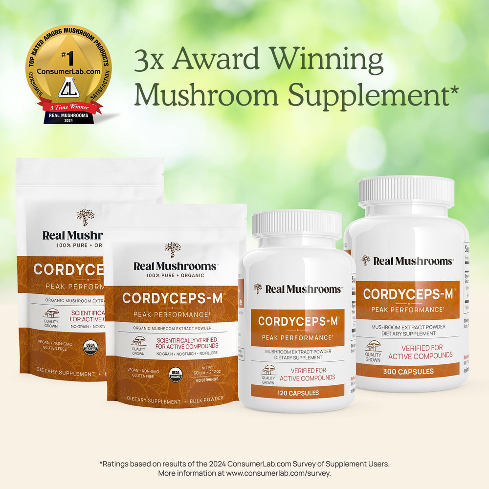 Ingredients list shows non-GMO, vegan formula on Real Mushrooms cordyceps powder.