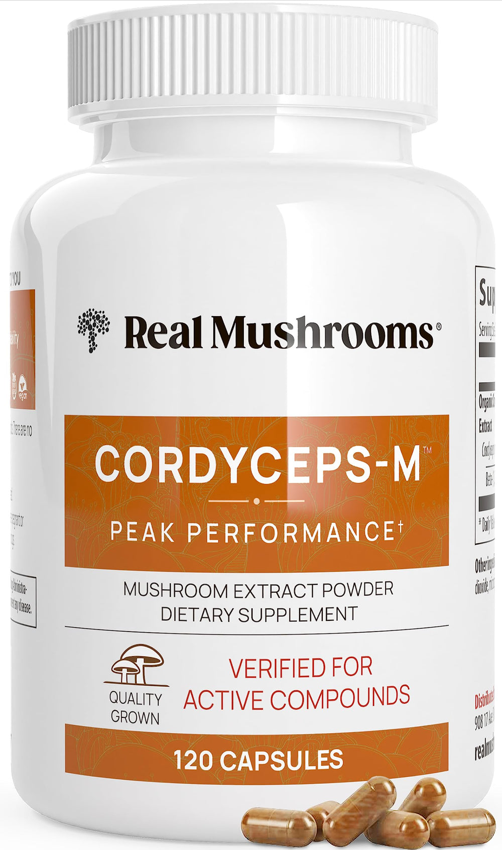 Real Mushrooms cordyceps supplement bottle front showing vegan, non-GMO formula for active lifestyles.