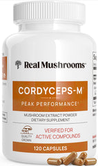 Real Mushrooms cordyceps supplement bottle front showing vegan, non-GMO formula for active lifestyles.