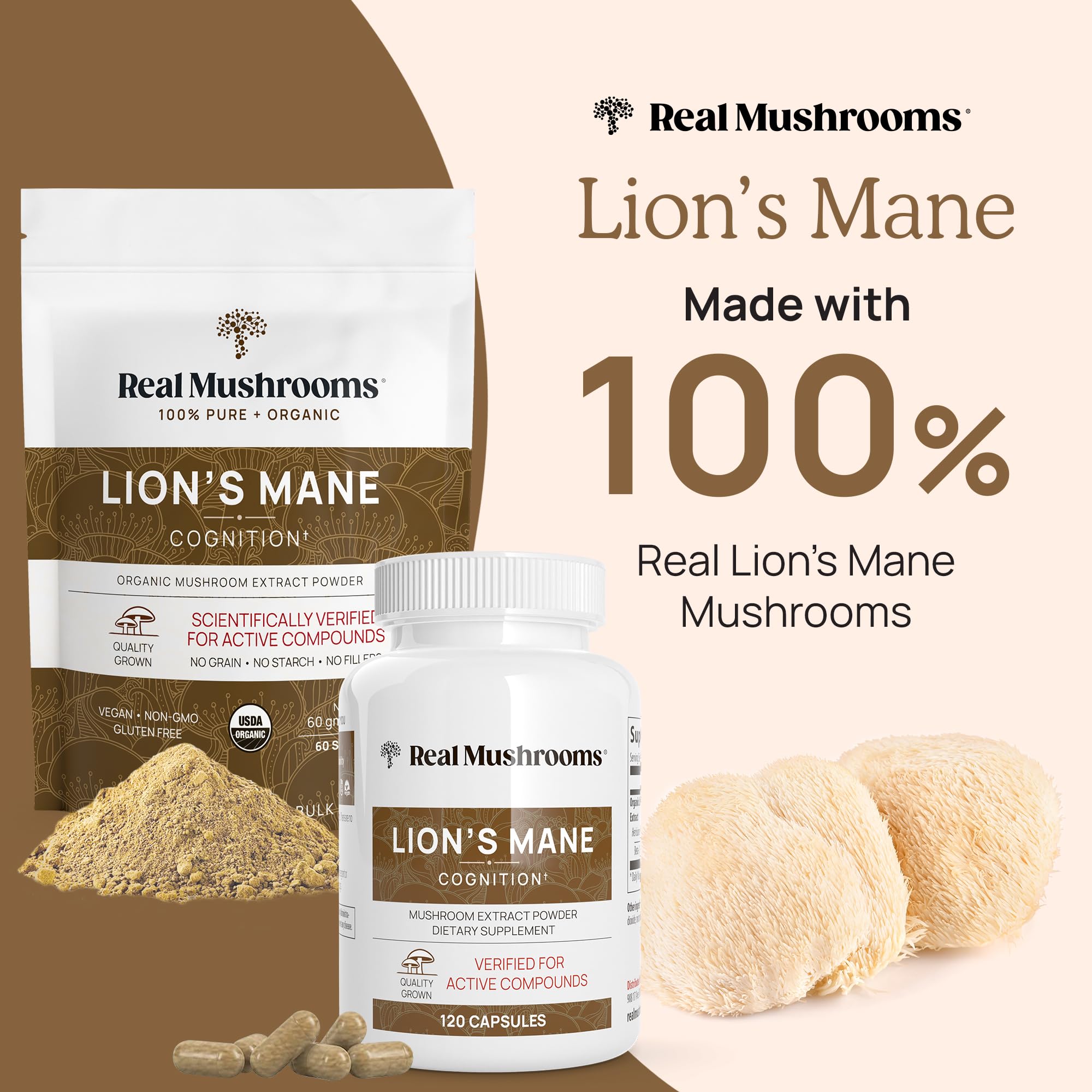 Real Mushrooms daily dosage graphic shows two capsules for routine use