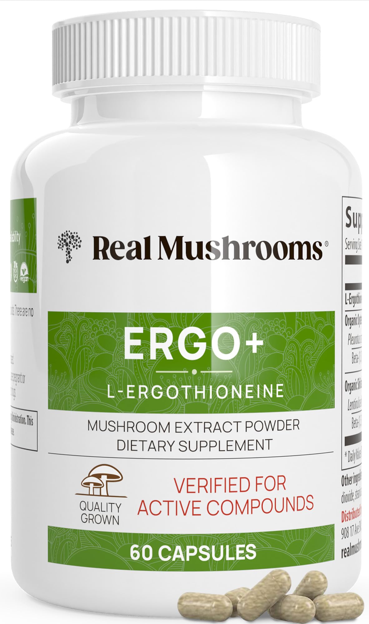 Real Mushrooms ergothioneine capsules in a bottle for convenient daily use