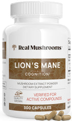 Real Mushrooms Lion's Mane capsules on bottle for daily wellness