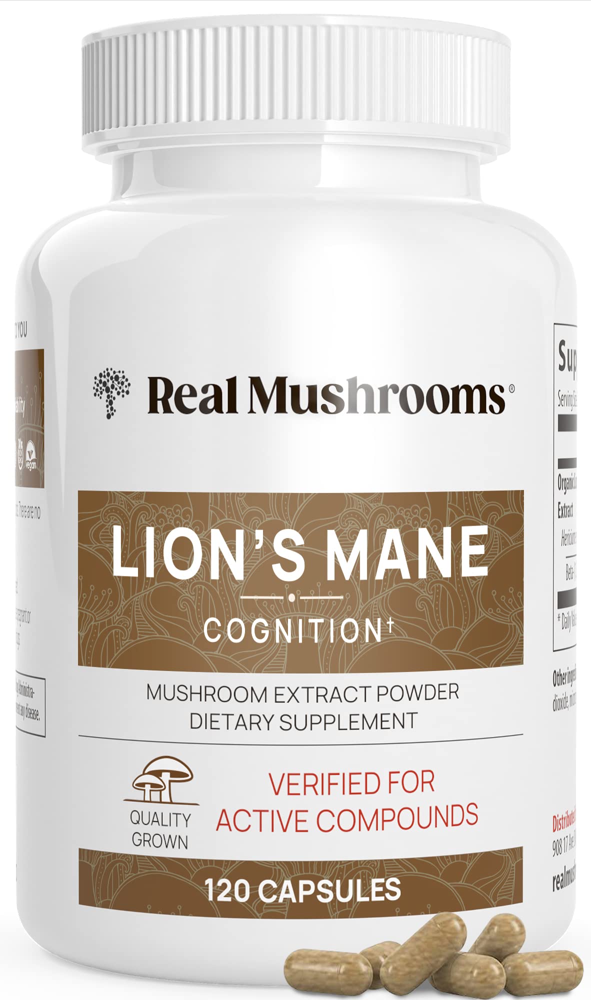 Real Mushrooms Lion's Mane Cognition bottle highlights brain-support supplement for focus