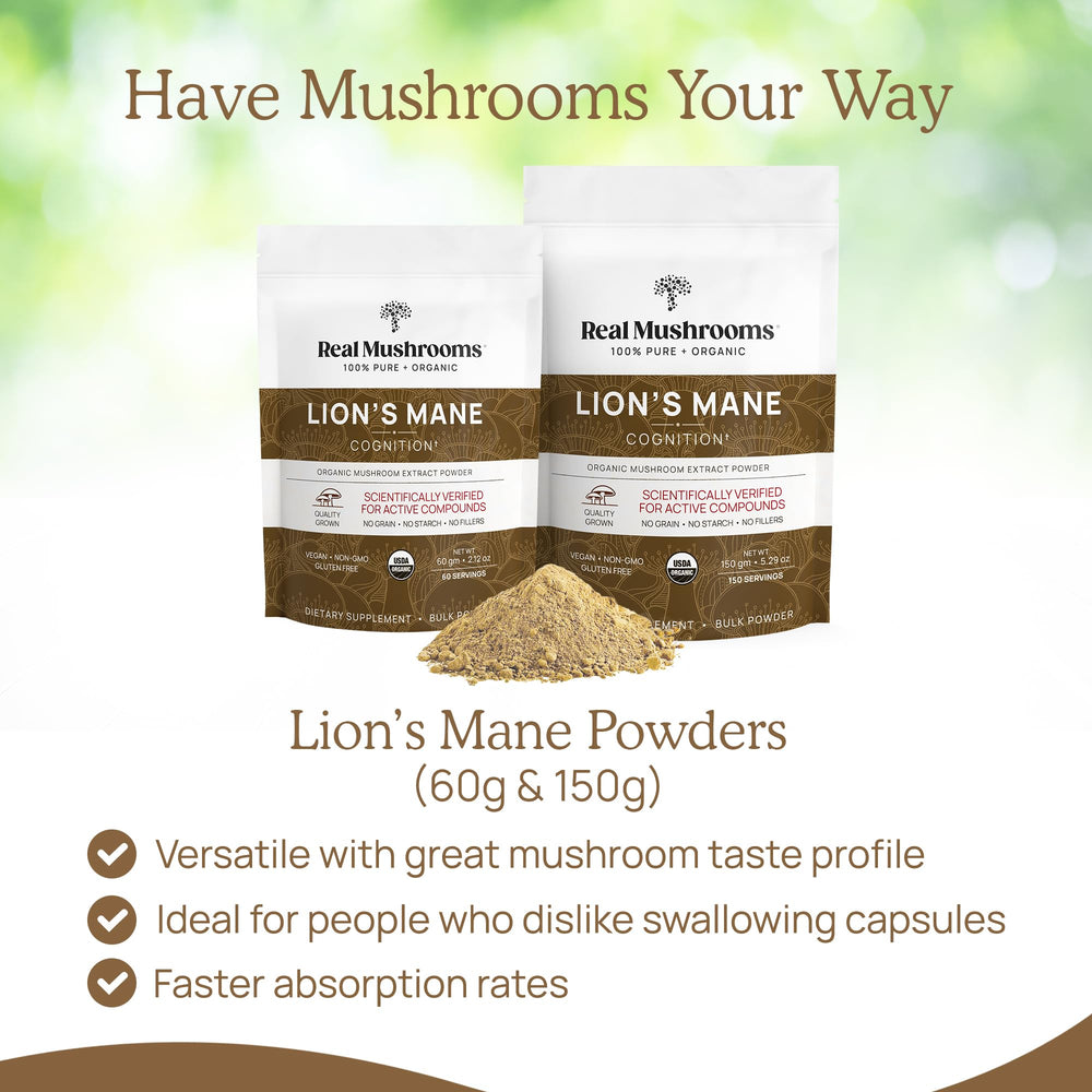 Real Mushrooms Lion's Mane packaging with label and organic seal appeals.