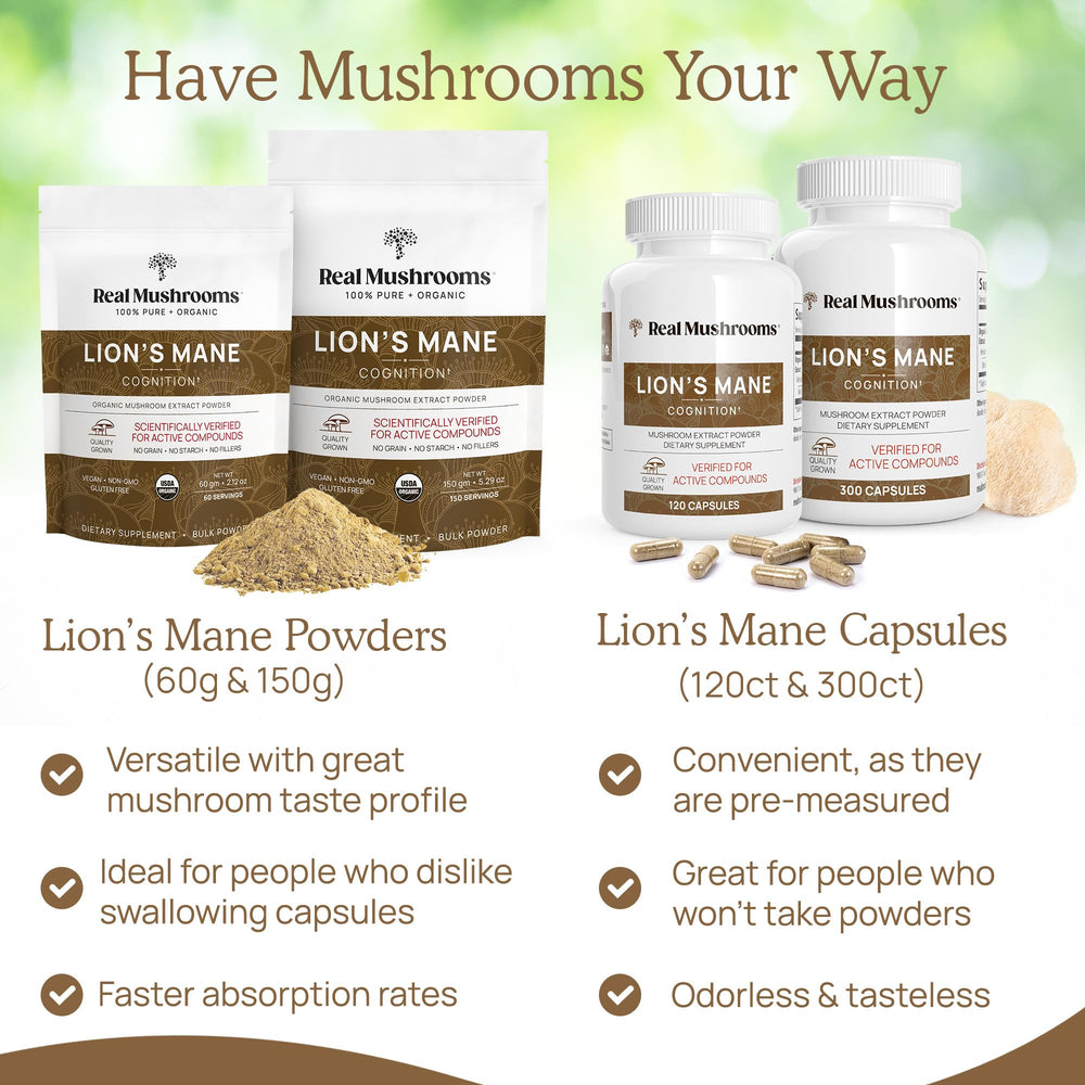 Mix-ready Lion's Mane capsules beside a beverage for convenient use