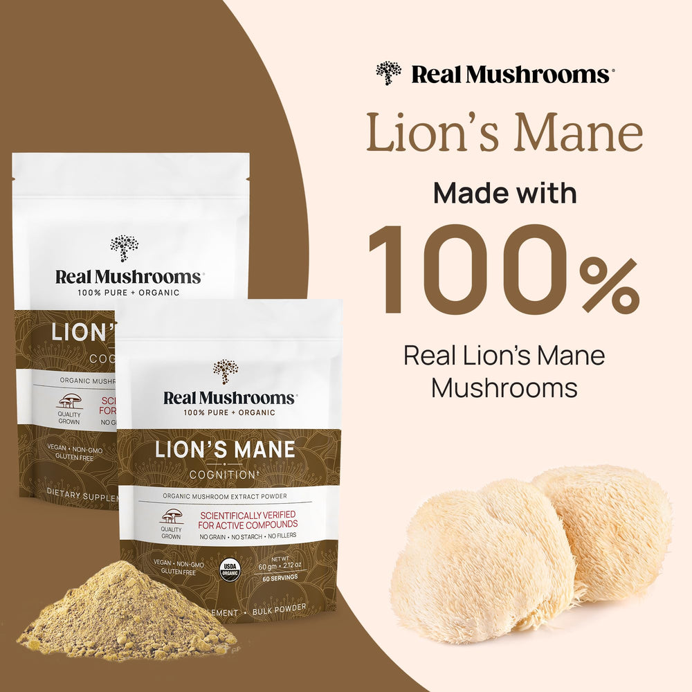 Real Mushrooms Lion's Mane organic label emphasizes USDA Organic and non-GMO quality.