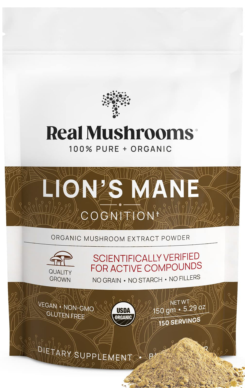 Real Mushrooms Lion's Mane powder bottle shows pure fruiting body extract for clean daily focus.