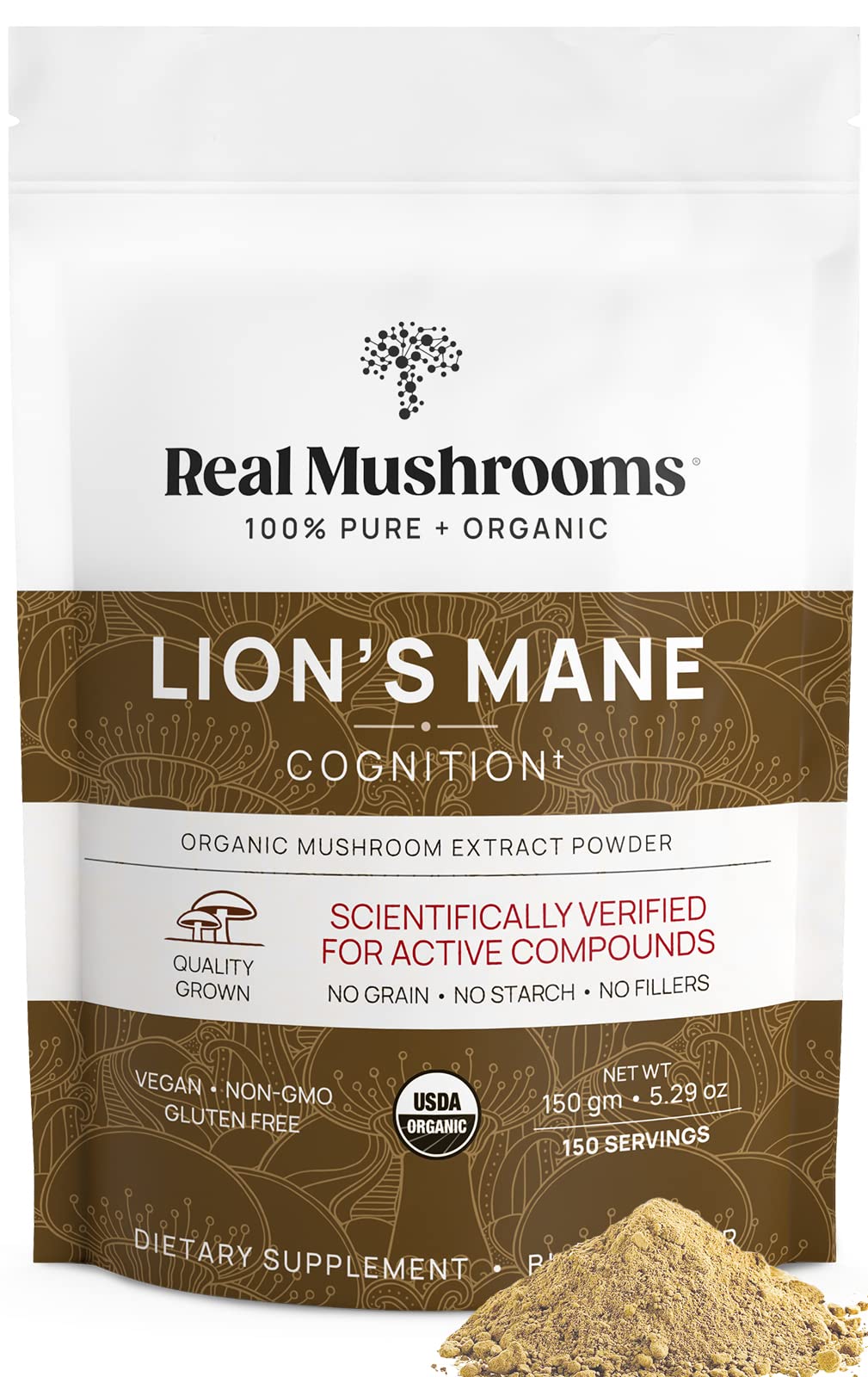 Real Mushrooms Lion's Mane powder bottle shows pure fruiting body extract for clean daily focus.