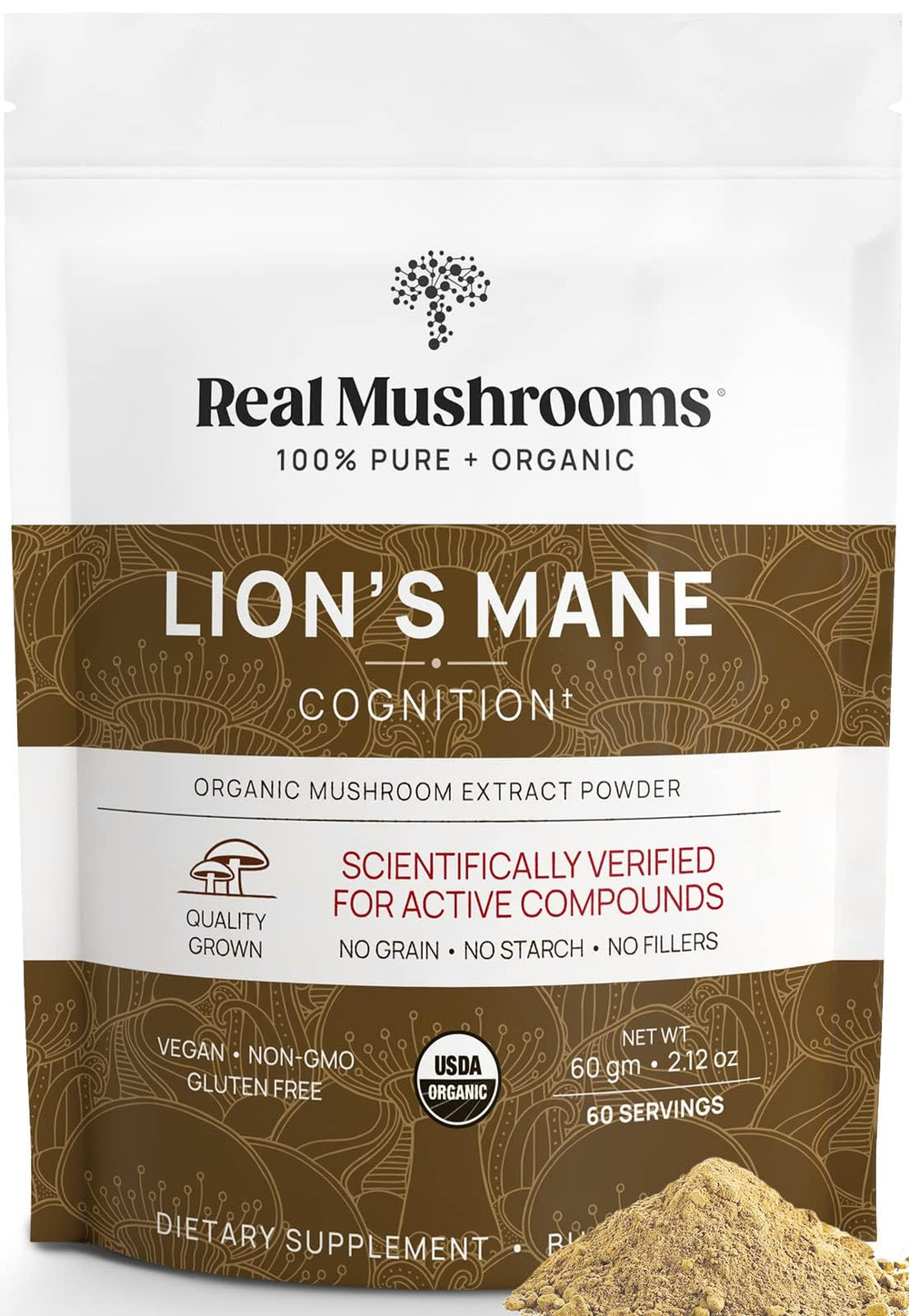 Real Mushrooms Lions Mane supplement bottle with organic vegan formula for daily wellness