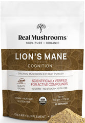 Real Mushrooms Lions Mane supplement bottle with organic vegan formula for daily wellness