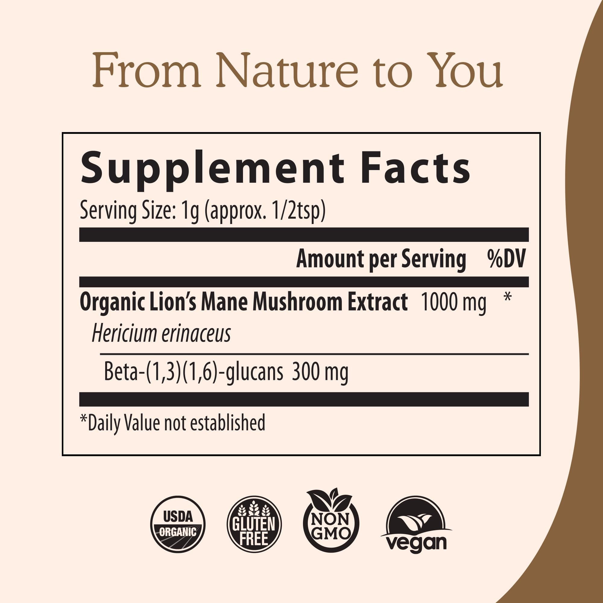 USDA Organic seal on Real Mushrooms Lions Mane container