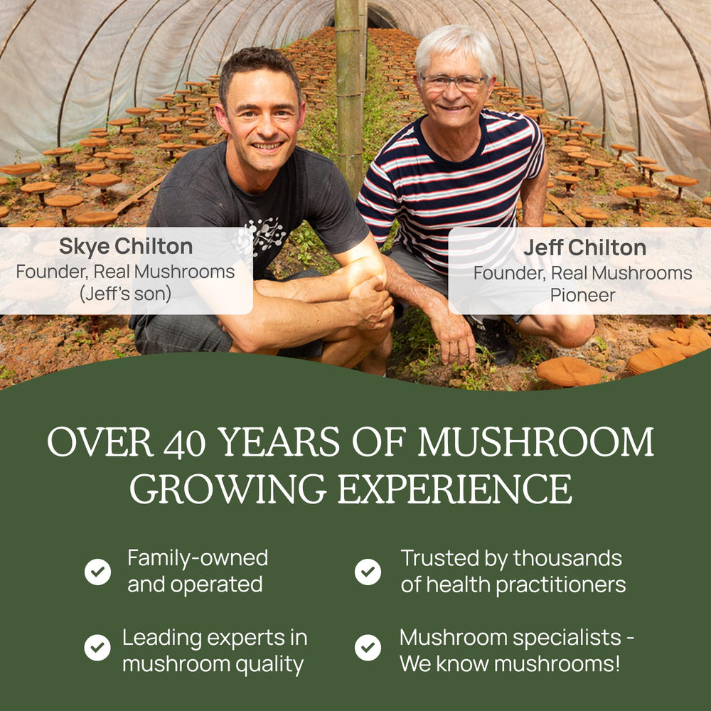 Real Mushrooms Organic mushroom extract bottle beside glass of water for daily routine
