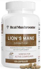Real Mushrooms organic mushroom extract bottle emphasizes fruiting bodies