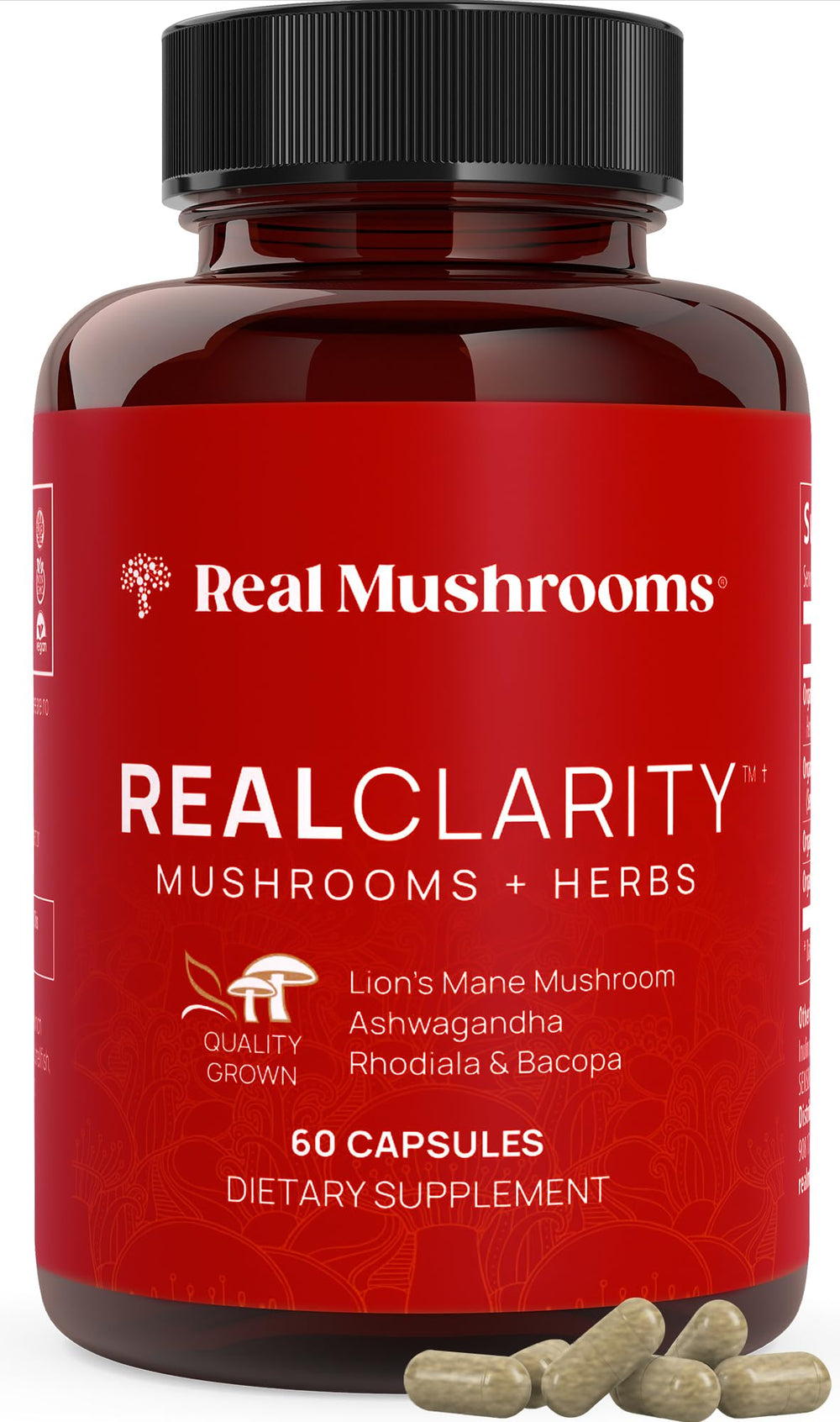 Real Mushrooms RealClarity bottle close-up showing lion’s mane blend for daily focus.