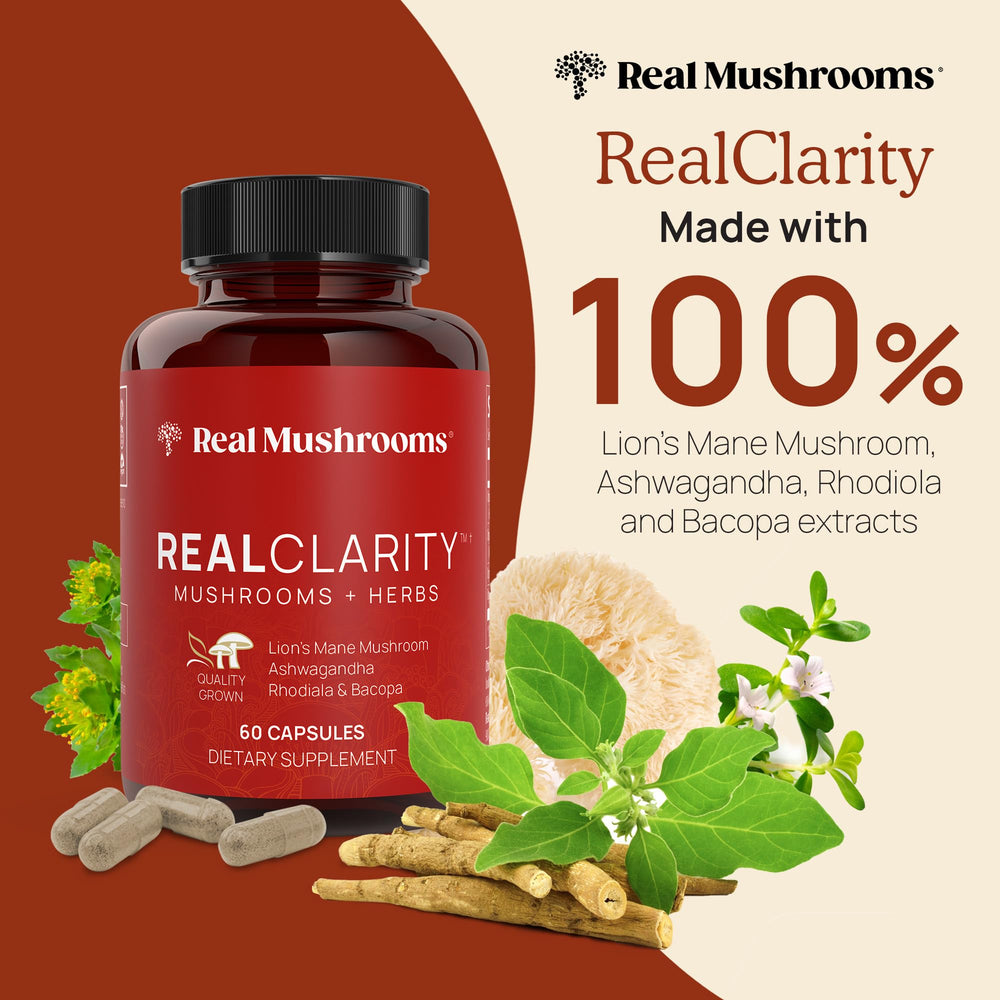 Real Mushrooms RealClarity capsules close-up on a clean surface for easy daily use.