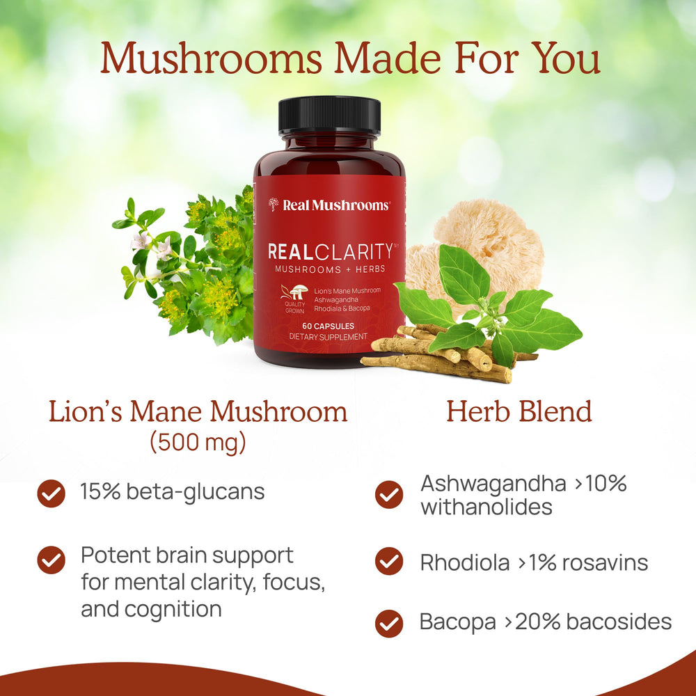 Real Mushrooms RealClarity mushroom blend emphasizes Lion's Mane, Cordyceps, Reishi.