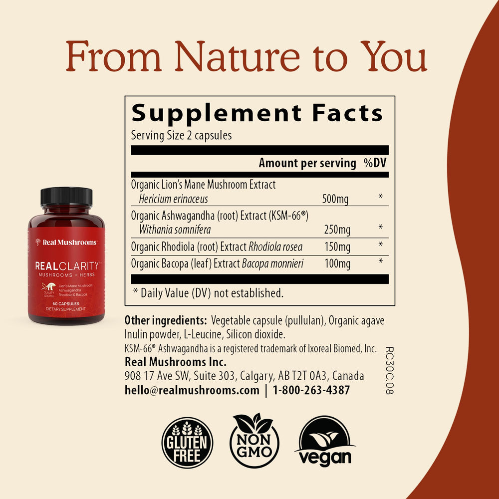 Real Mushrooms RealClarity capsules poured into a glass for quick mixing.
