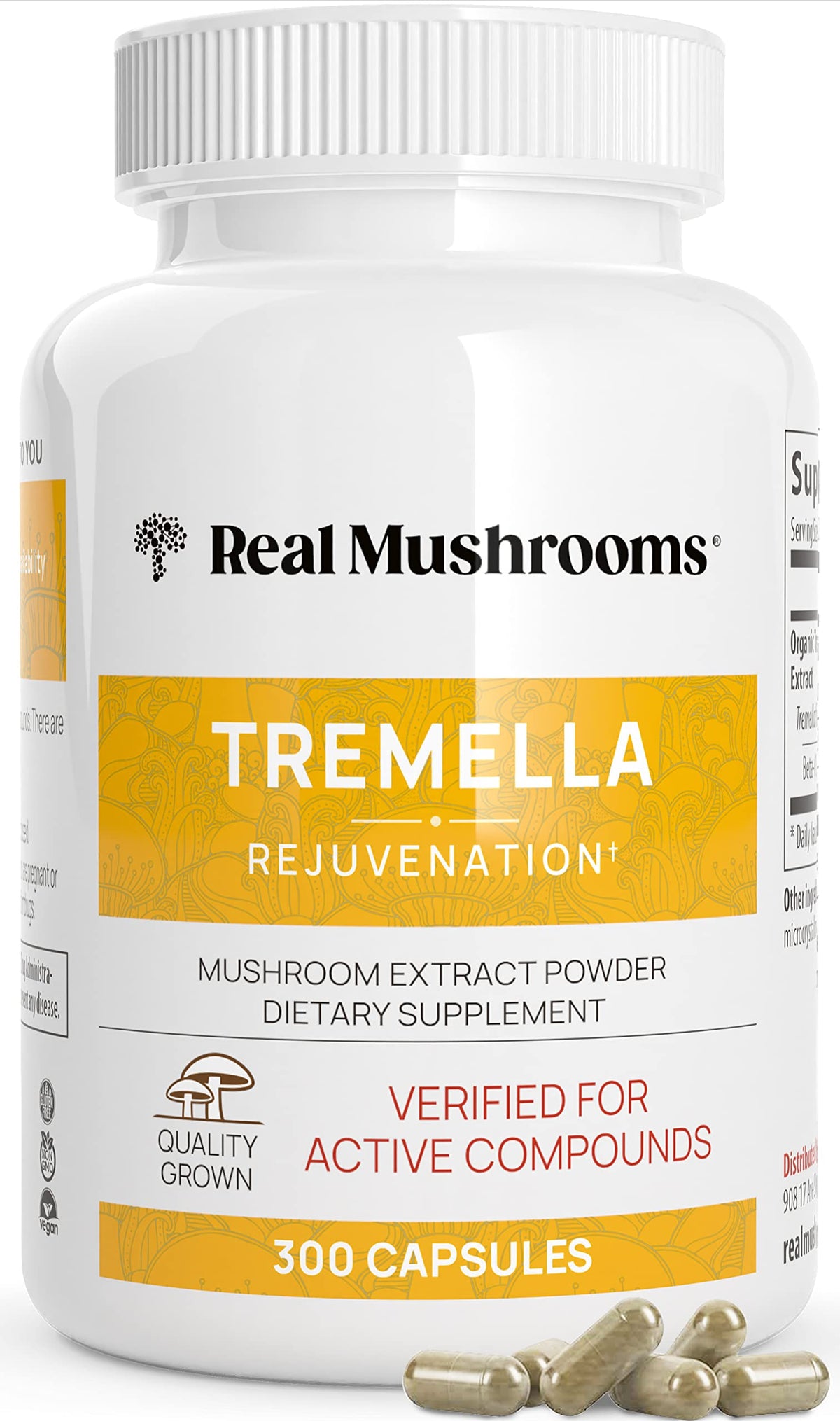 Real Mushrooms Tremella capsules bottle front shows a clean organic vegan supplement for daily use.