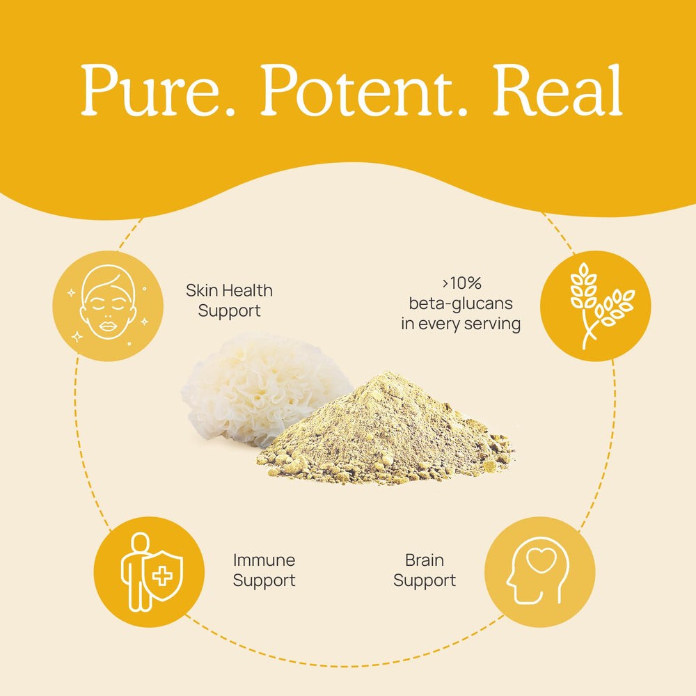 Real Mushrooms Tremella label nutrition closeup emphasizes organic, non-GMO attributes.