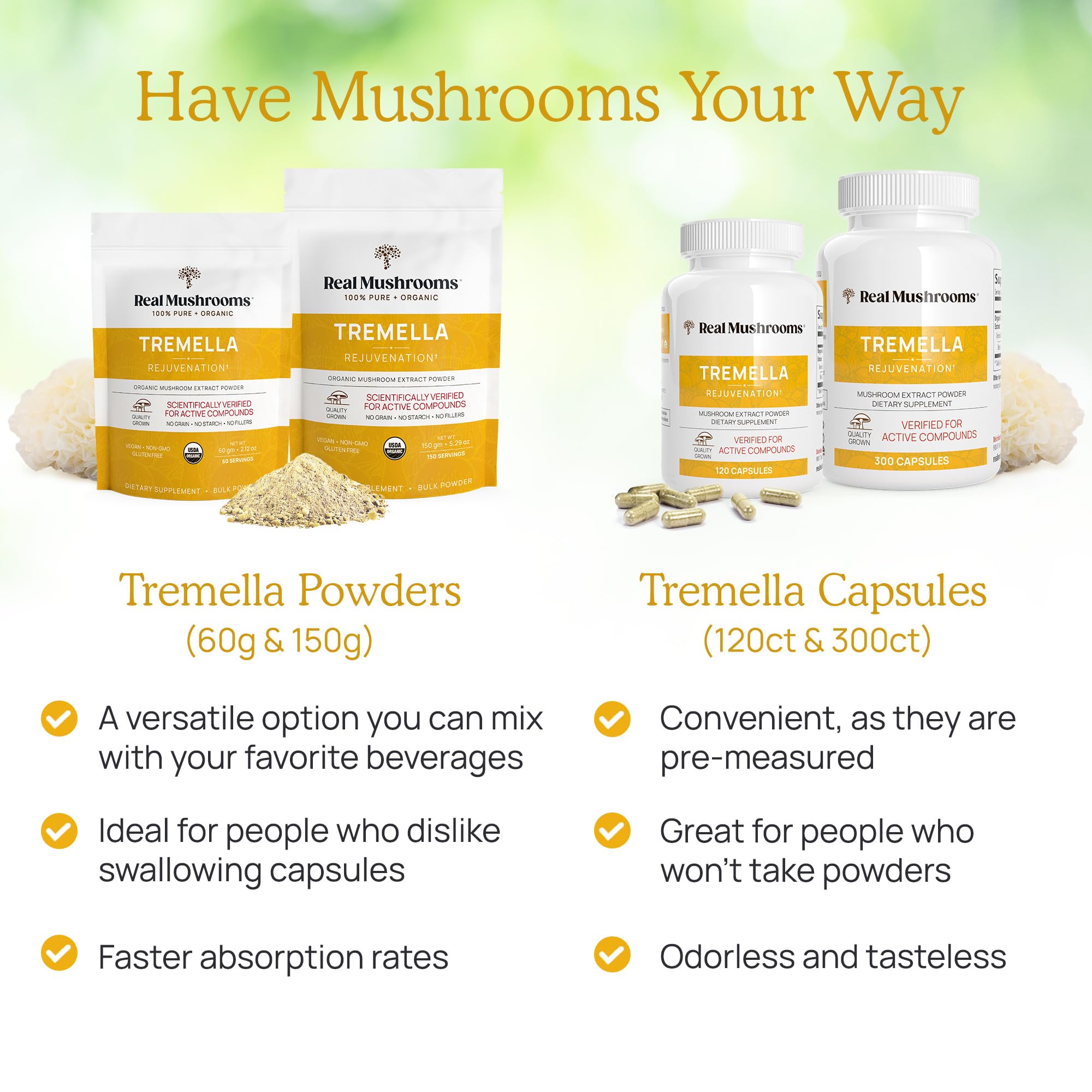 Real Mushrooms Tremella packaging shot highlights USA-made production and expertise.