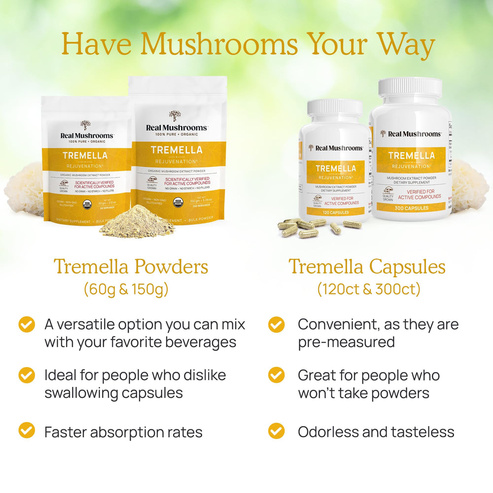 Real Mushrooms Tremella packaging shot highlights USA-made production and expertise.