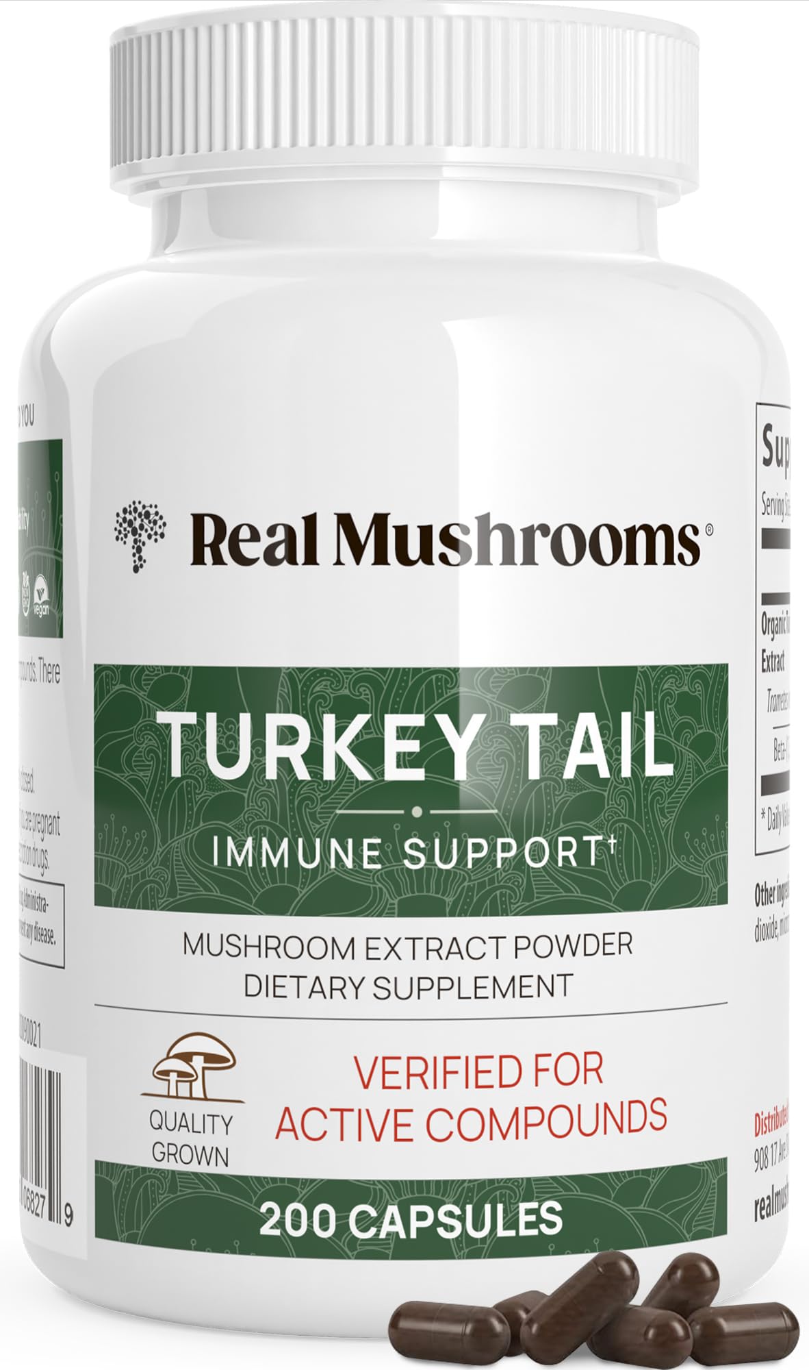 Real Mushrooms Turkey Tail capsules bottle front for daily wellness support