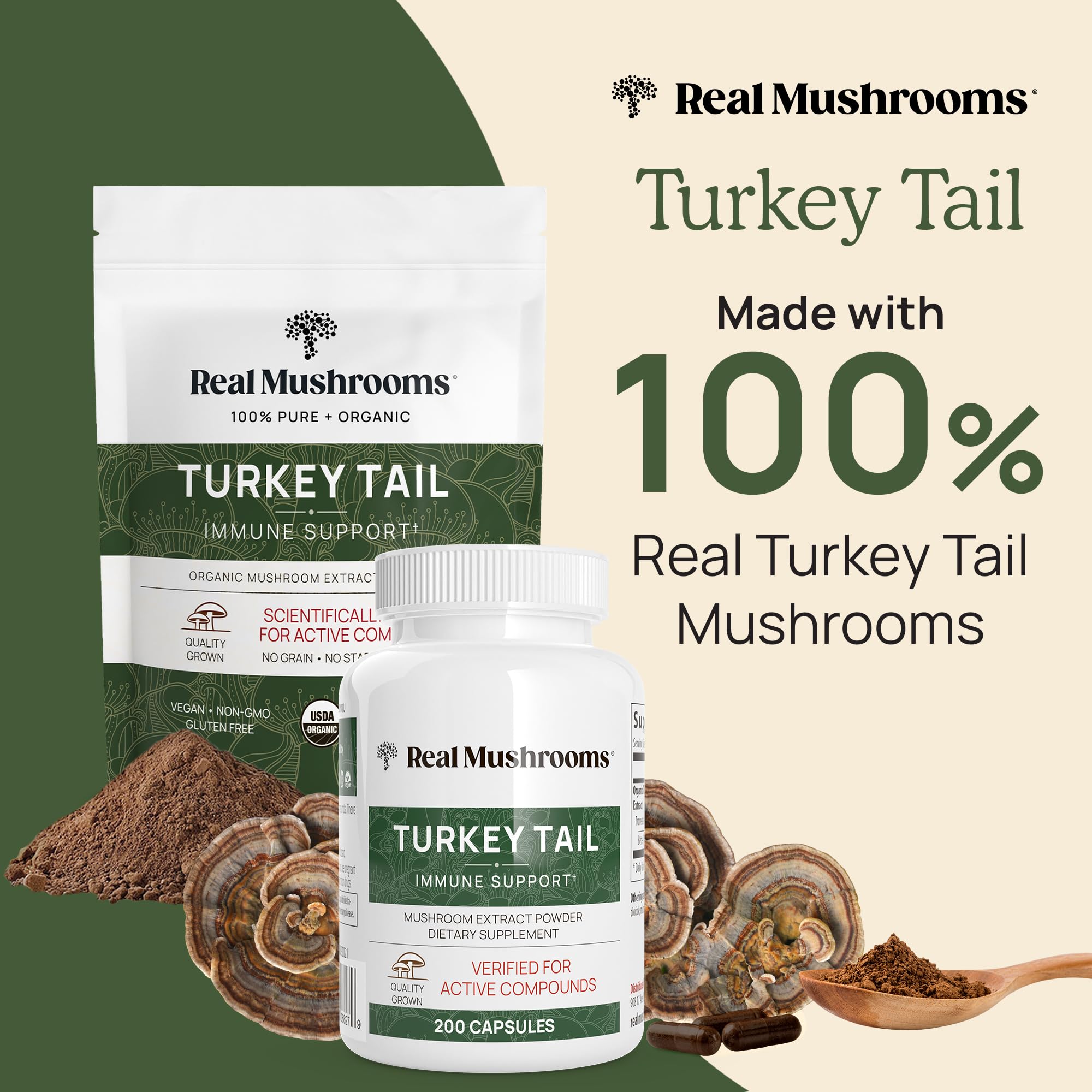Real Mushrooms Turkey Tail capsules label close-up showing organic extract purity