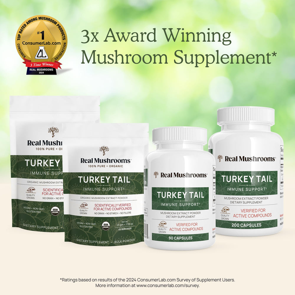 Real Mushrooms Turkey Tail capsules lifestyle shot with hydration in mind