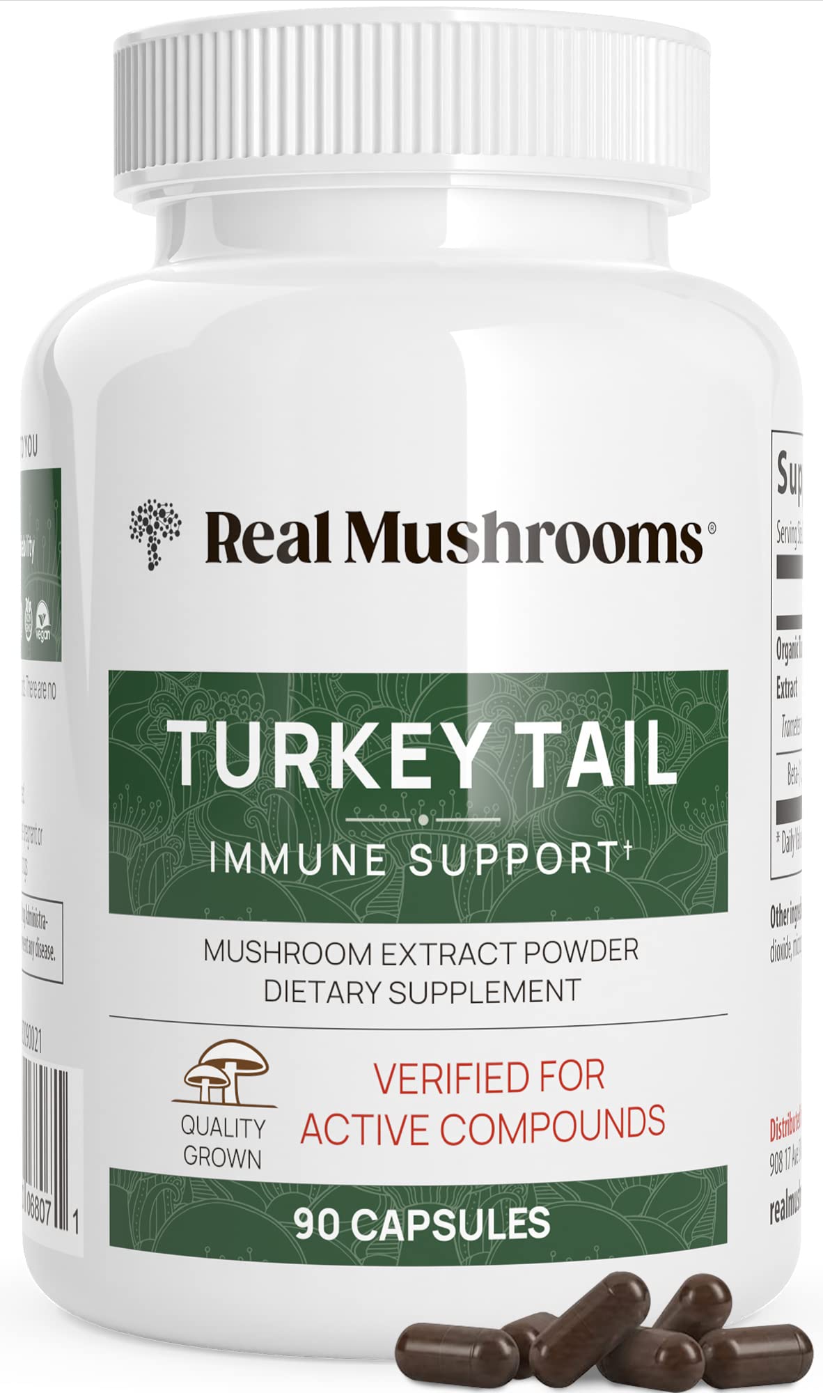 Real Mushrooms Turkey Tail capsules packaging showing clean-label, convenient daily supplement.