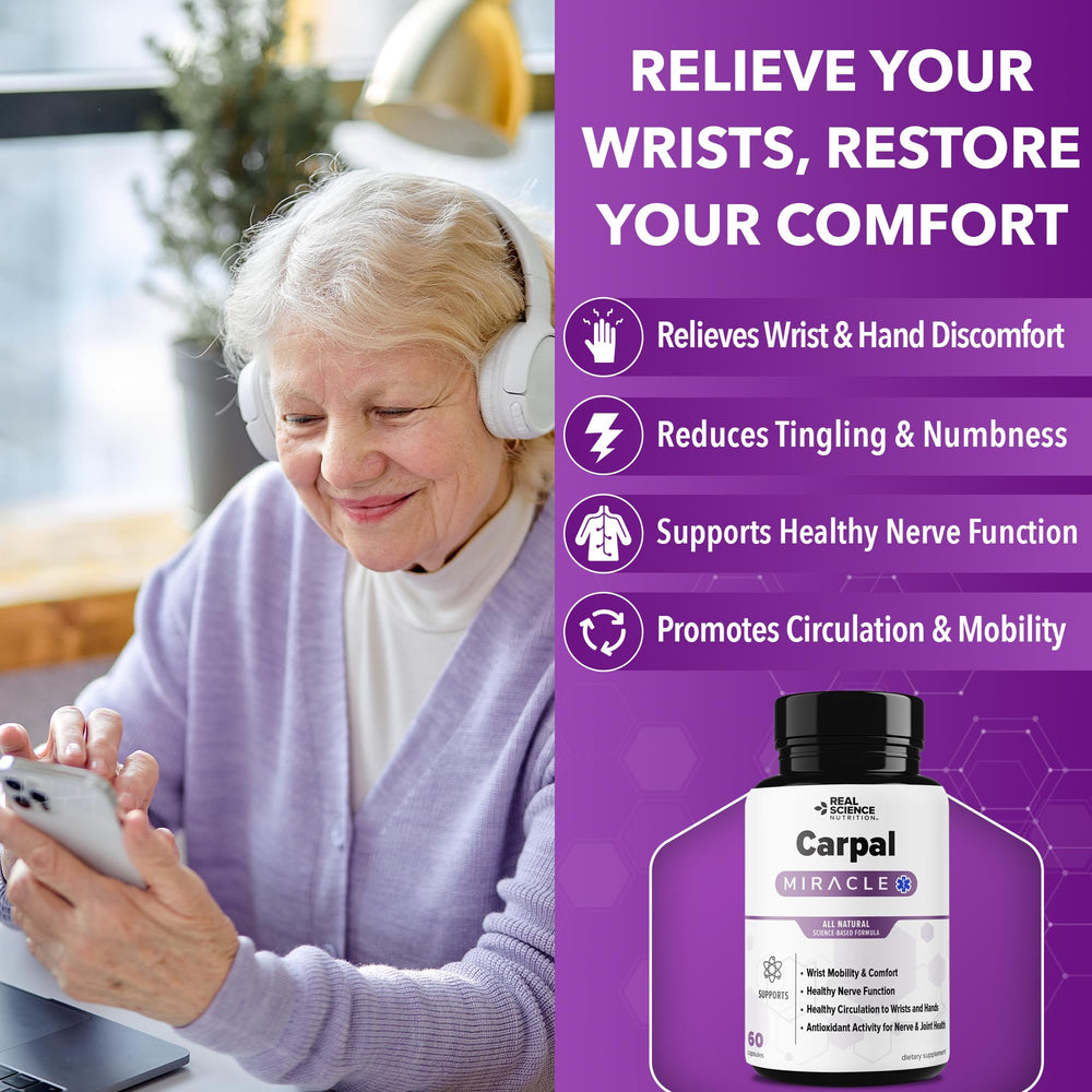 Real Science Nutrition Carpal Miracle capsules close-up showing natural support.
