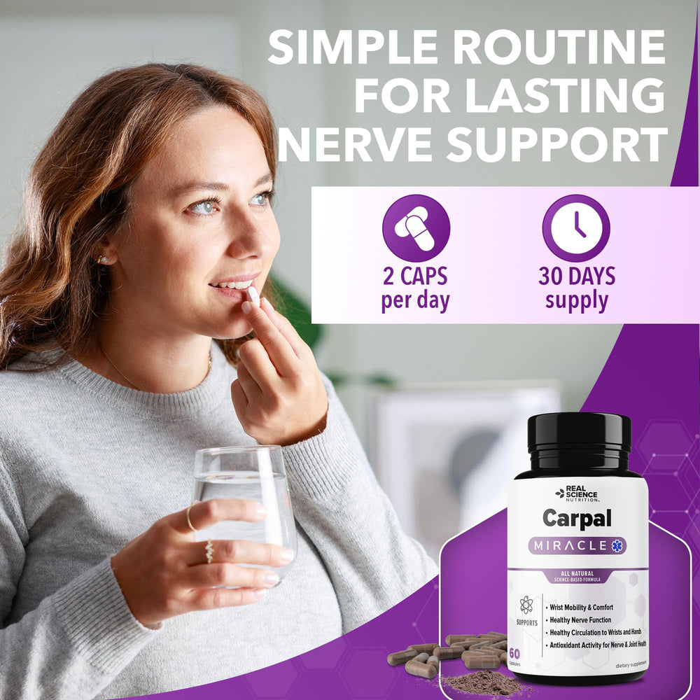 Real Science Nutrition Carpal Miracle hand-use scene illustrating daily wrist support in action.