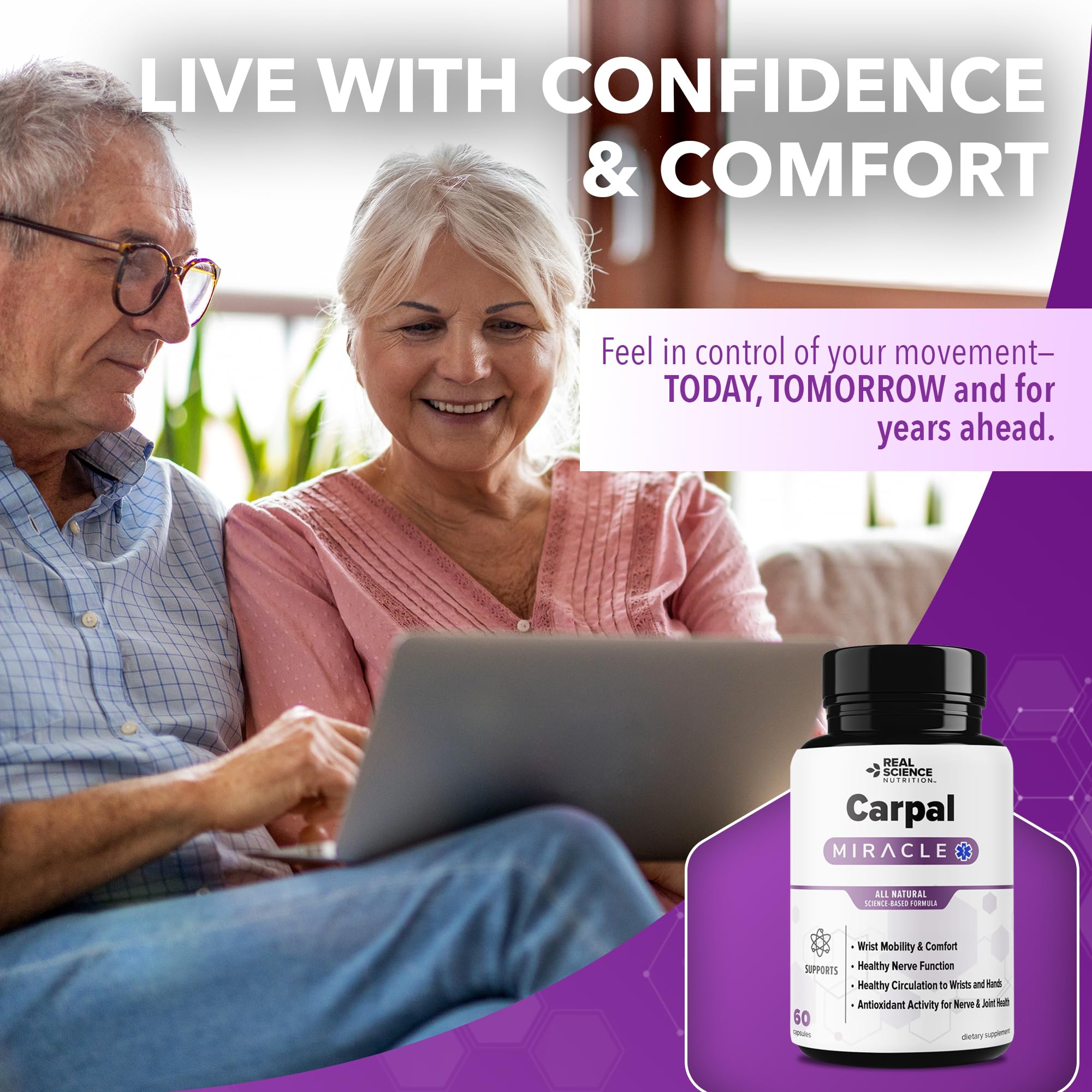 Real Science Nutrition Carpal Miracle ingredients icons emphasize vitamins and GABA for daily use.