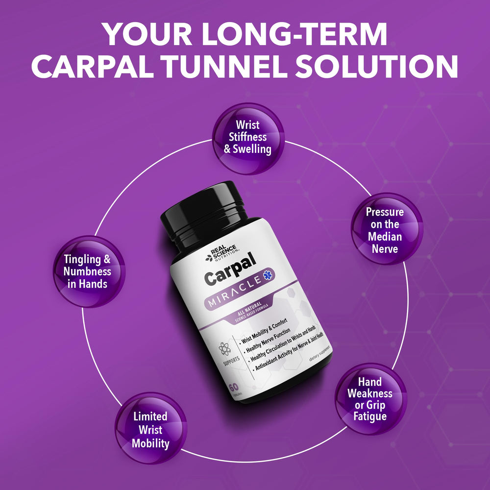 Real Science Nutrition Carpal Miracle label detailing a clean-label formula.