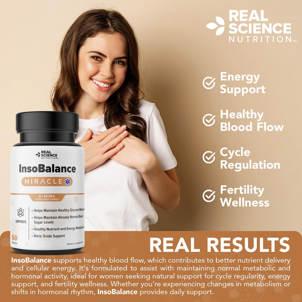 Real Science Nutrition InsoBalance Miracle bottle on a desk during a wellness routine.