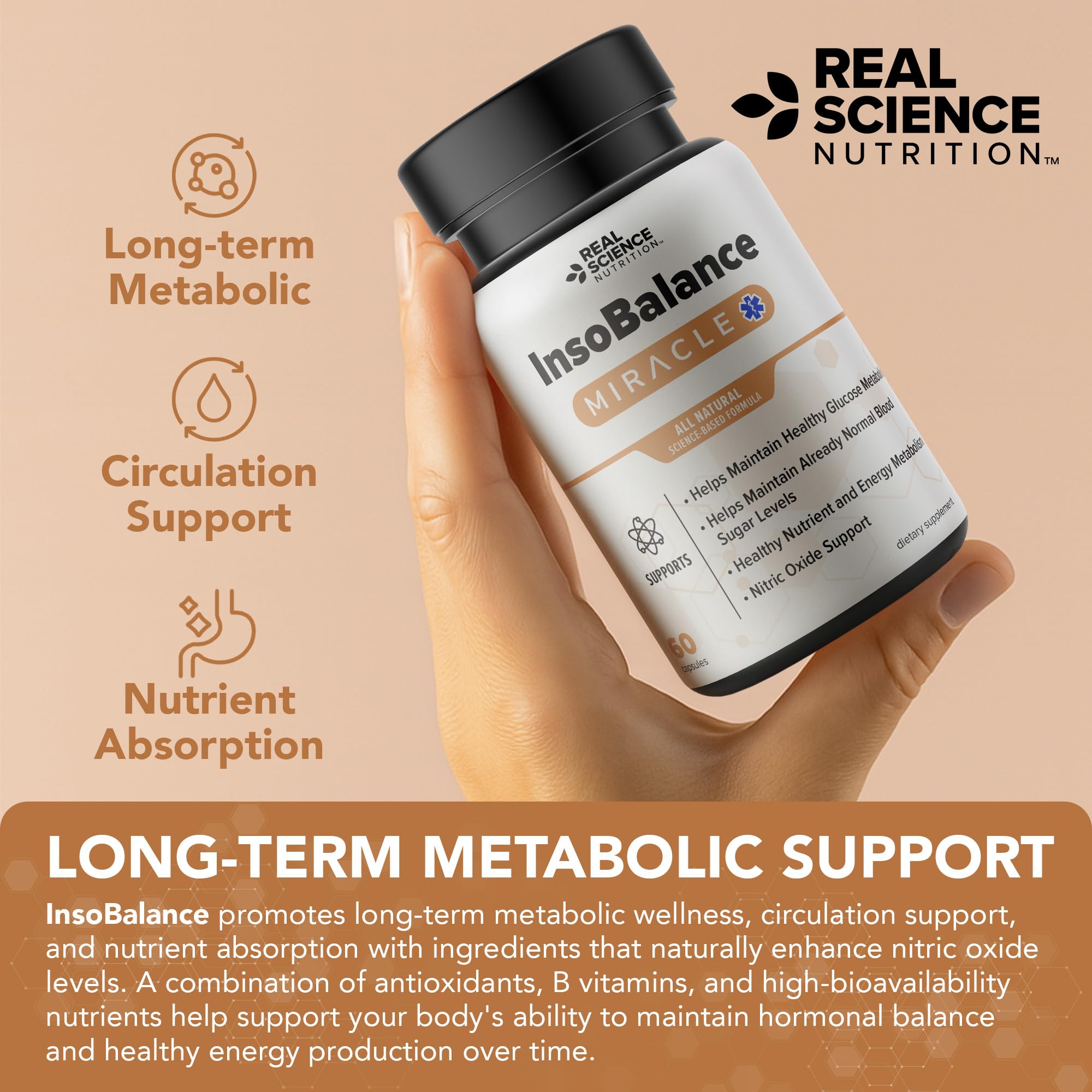 Real Science Nutrition InsoBalance Miracle ingredient icons showing vitamins C, K and B complex.