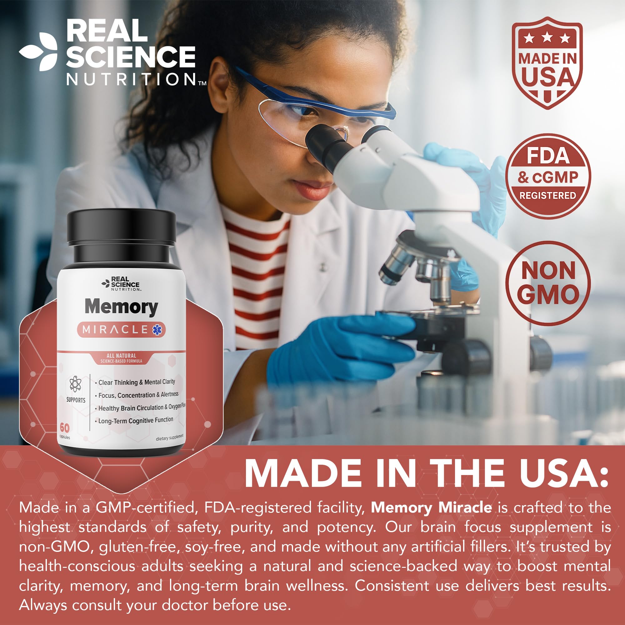 Real Science Nutrition Memory Miracle bottle on desk supports late-night study.