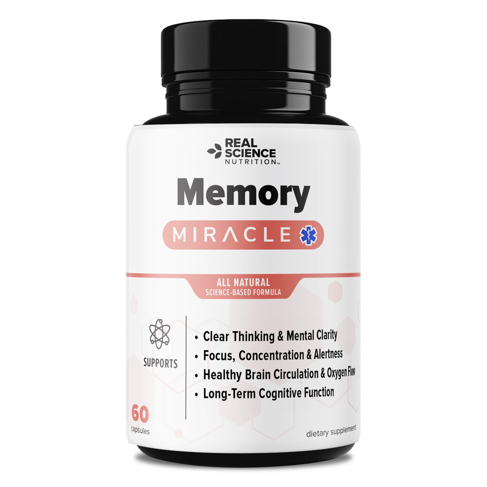 Real Science Nutrition Memory Miracle bottle shows daily brain support in clear packaging.
